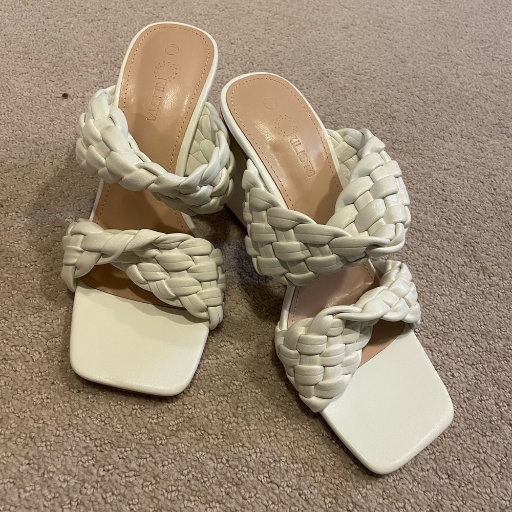 Womens Braided Heeled Sandals Square Open Toe Slide Chunky Block Mules